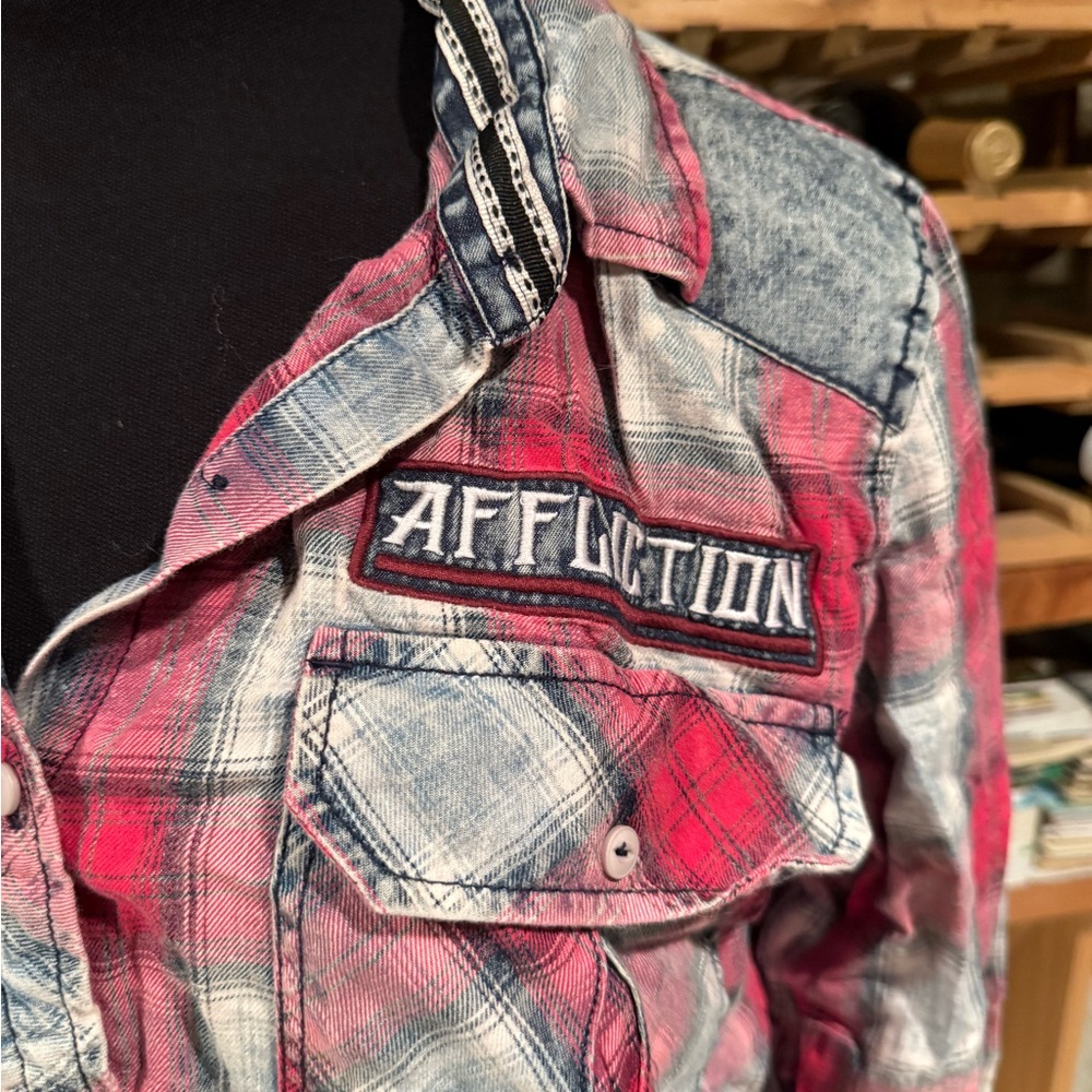 Affliction Red and Gray Plaid Shirt - Picture 2 of 7